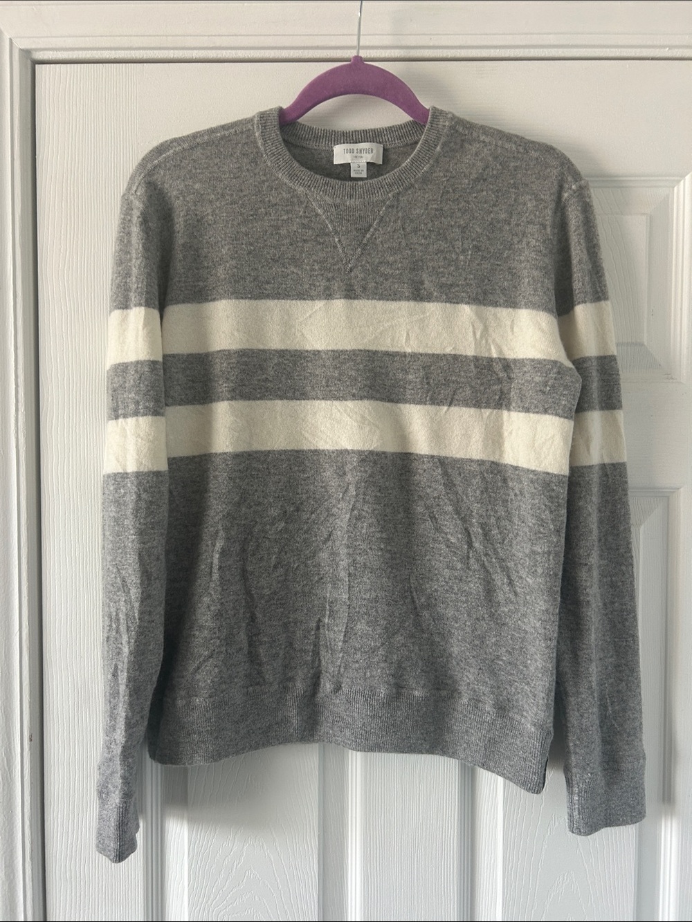 Todd Snyder 100% Cashmere Gray and White Double-Stripe Sweater. Like new.